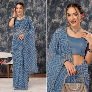 Greyish Blue Printed With Zari Work Cotton Silk Saree With Lace Border