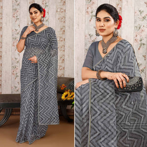Grey Printed With Zari Work Cotton Silk Saree With Lace Border