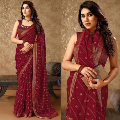 Maroon Floral Foil Printed Chiffon Saree With Lace Border
