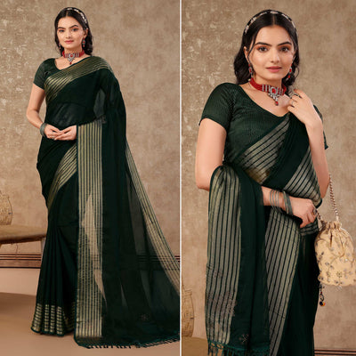 Bottle Green Swarovski Work Chiffon Saree With Woven Border