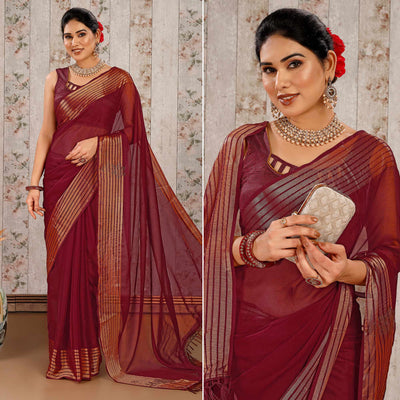 Maroon Swarovski Work Chiffon Saree With Woven Border