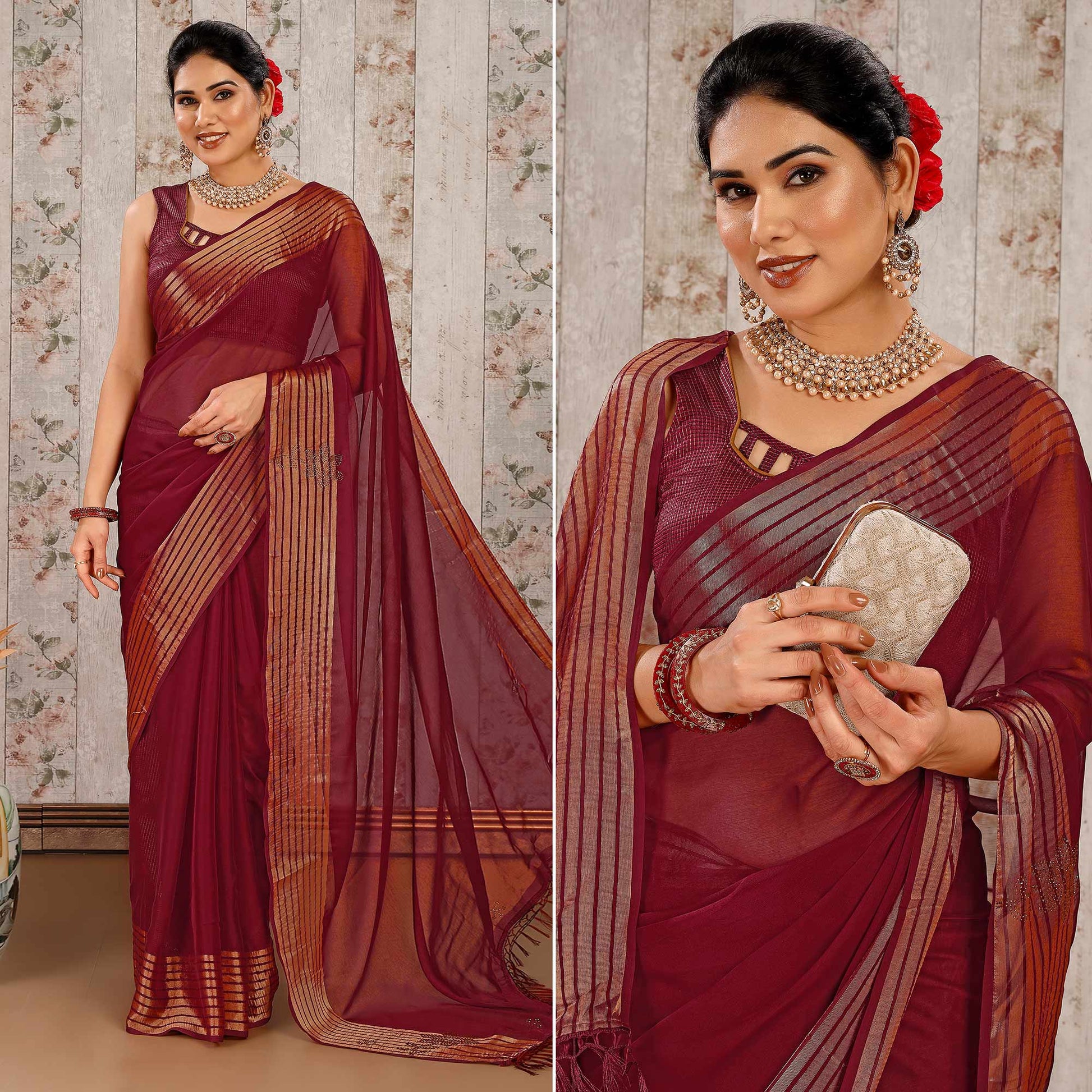 Maroon Swarovski Work Chiffon Saree With Woven Border