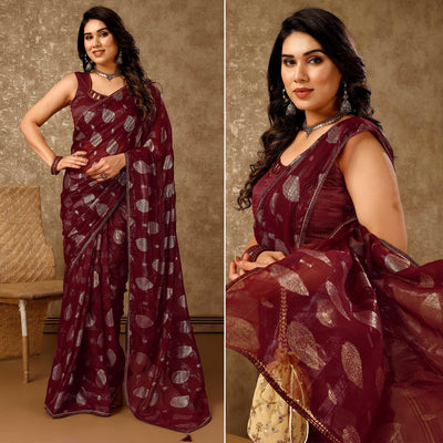 Maroon Foil Printed Chiffon Saree With Gota Patti Lace Border