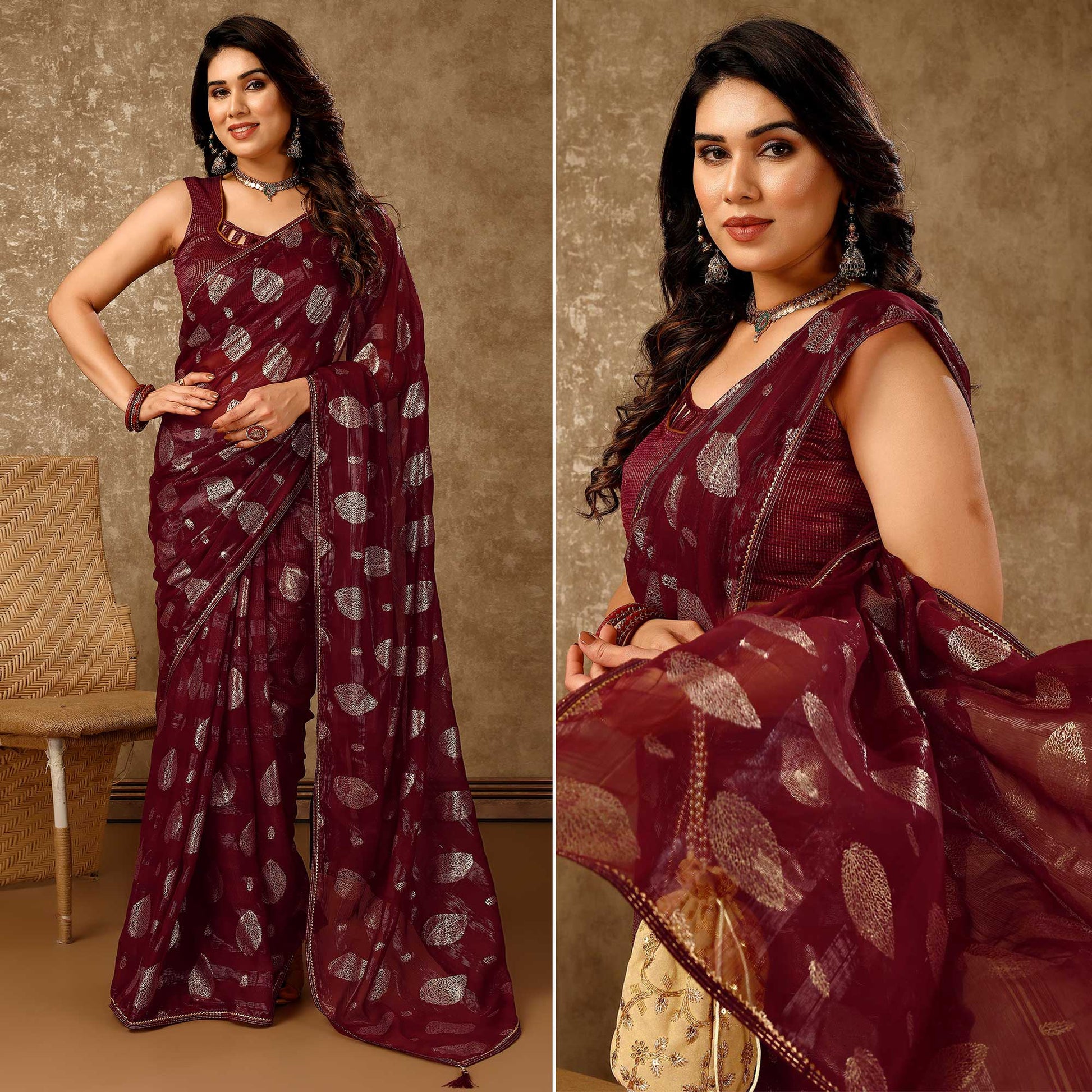 Maroon Foil Printed Chiffon Saree With Gota Patti Lace Border