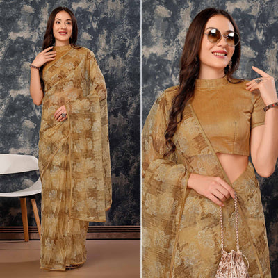 Chikoo Floral Printed With Zari Work Cotton Silk Saree