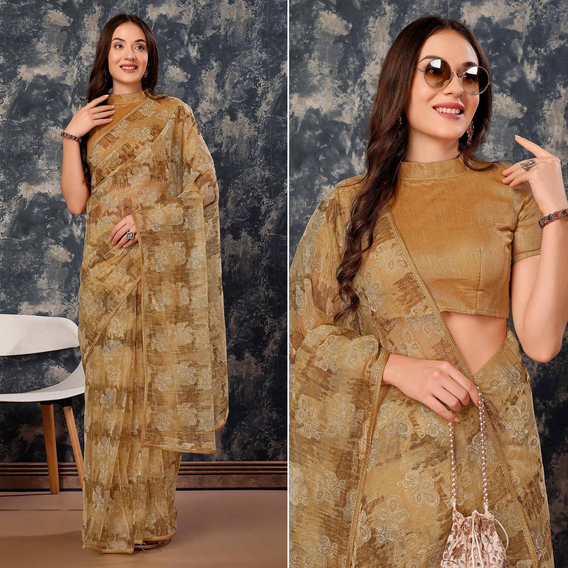 Chikoo Floral Printed With Zari Work Cotton Silk Saree