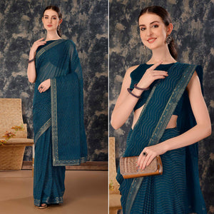 Blue Zari Embroidery Chiffon Saree With Lace Border