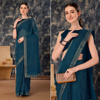 Blue Zari Embroidery Chiffon Saree With Lace Border