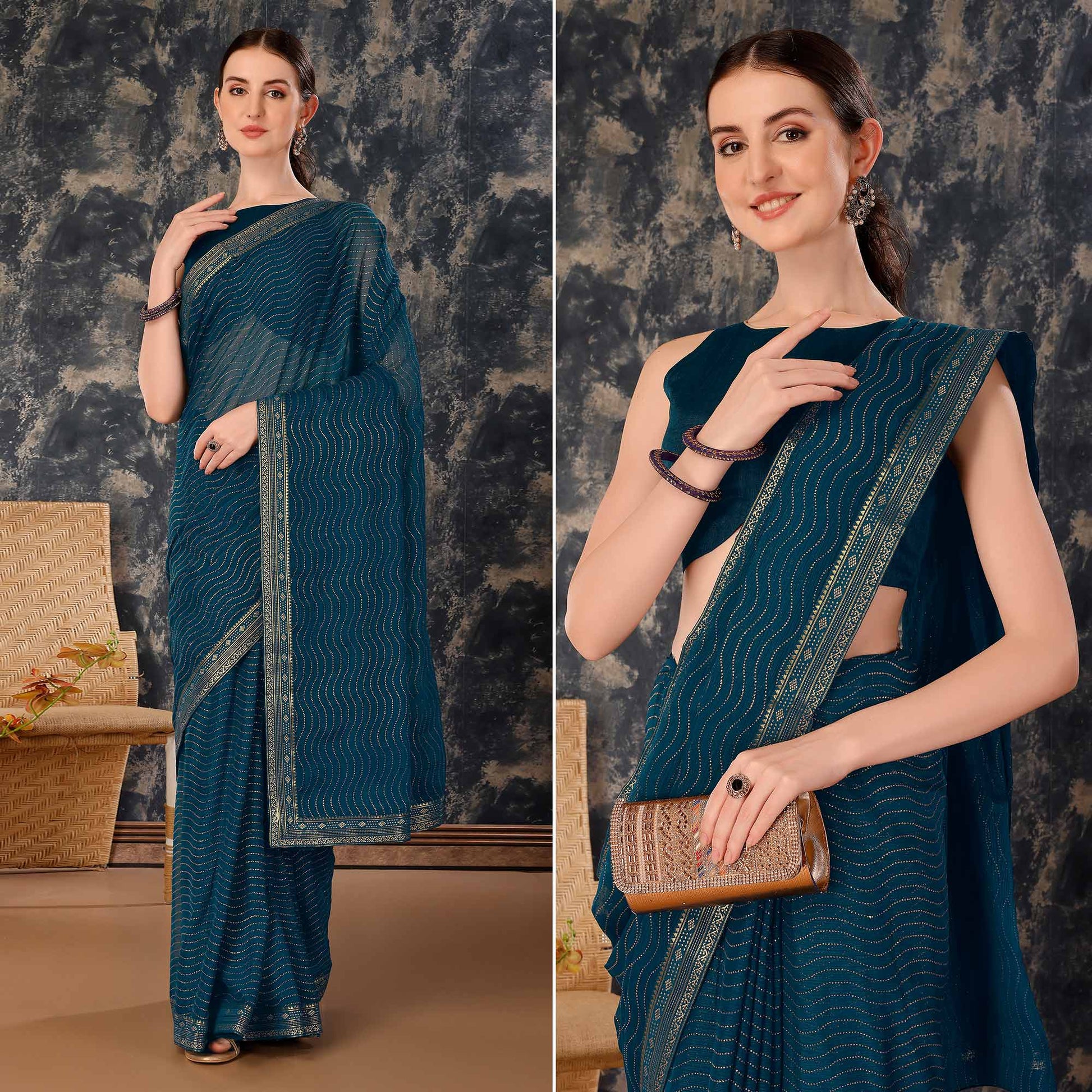 Blue Zari Embroidery Chiffon Saree With Lace Border