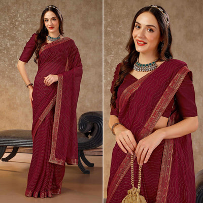 Maroon Zari Embroidery Chiffon Saree With Lace Border