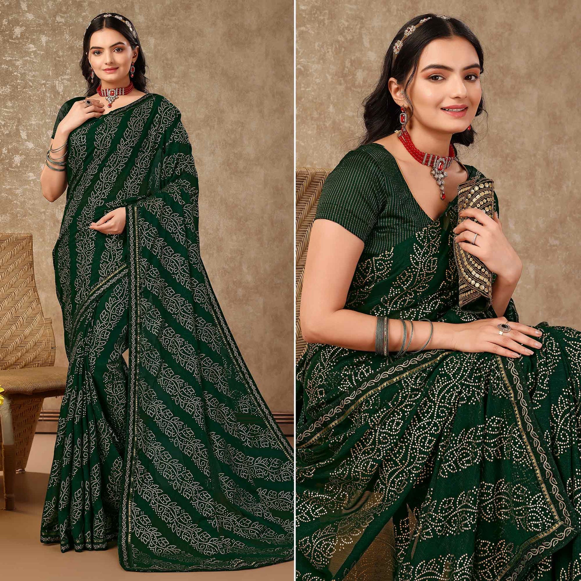 green-bandhani-foil-printed-chiffon-saree-with-lace-border