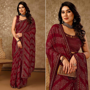 Maroon Bandhani Foil Printed Chiffon Saree With Lace Border