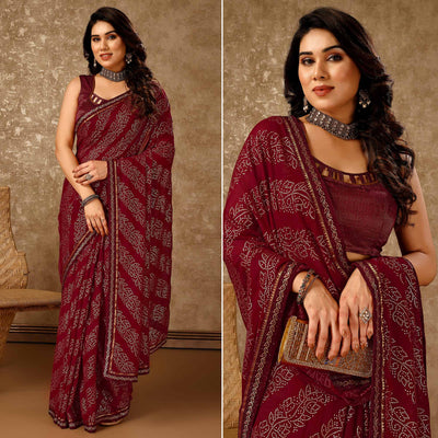 Maroon Bandhani Foil Printed Chiffon Saree With Lace Border
