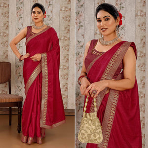 Maroon Solid Saree Vichitra Silk With Zari Lace Border