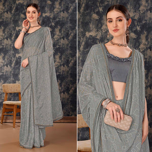Grey Printed With Zari Work Chiffon Saree With Lace Border