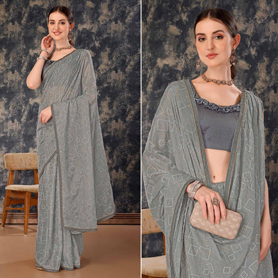 Grey Printed With Zari Work Chiffon Saree With Lace Border