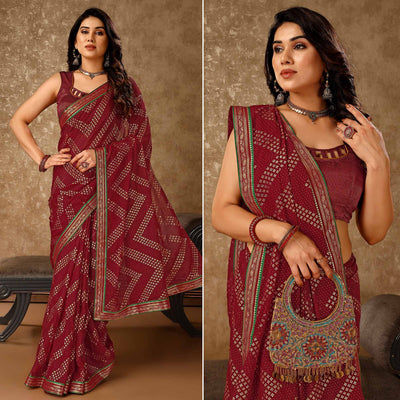 Maroon Foil Printed Chiffon Saree With Lace Border