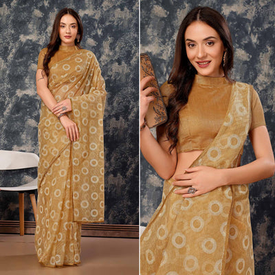 Chikoo Printed With Zari Work Cotton Silk Saree With Lace Border