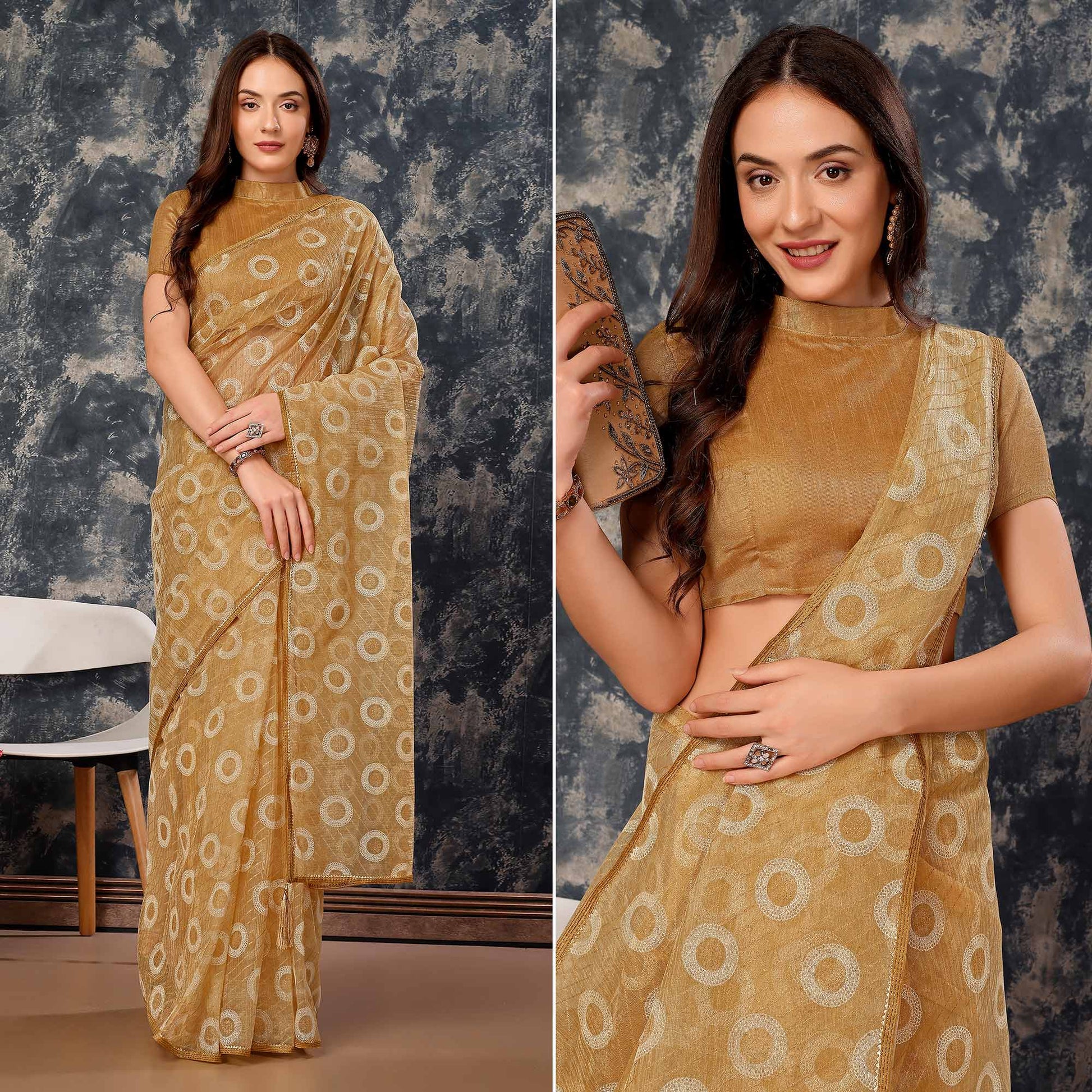 Chikoo Printed With Zari Work Cotton Silk Saree With Lace Border