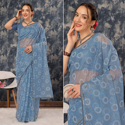 Greyish Blue Printed With Zari Work Cotton Silk Saree With Lace Border