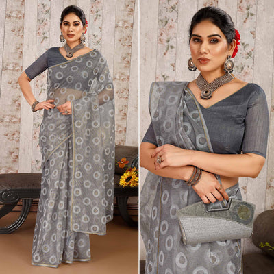 Grey Printed With Zari Work Cotton Silk Saree With Lace Border