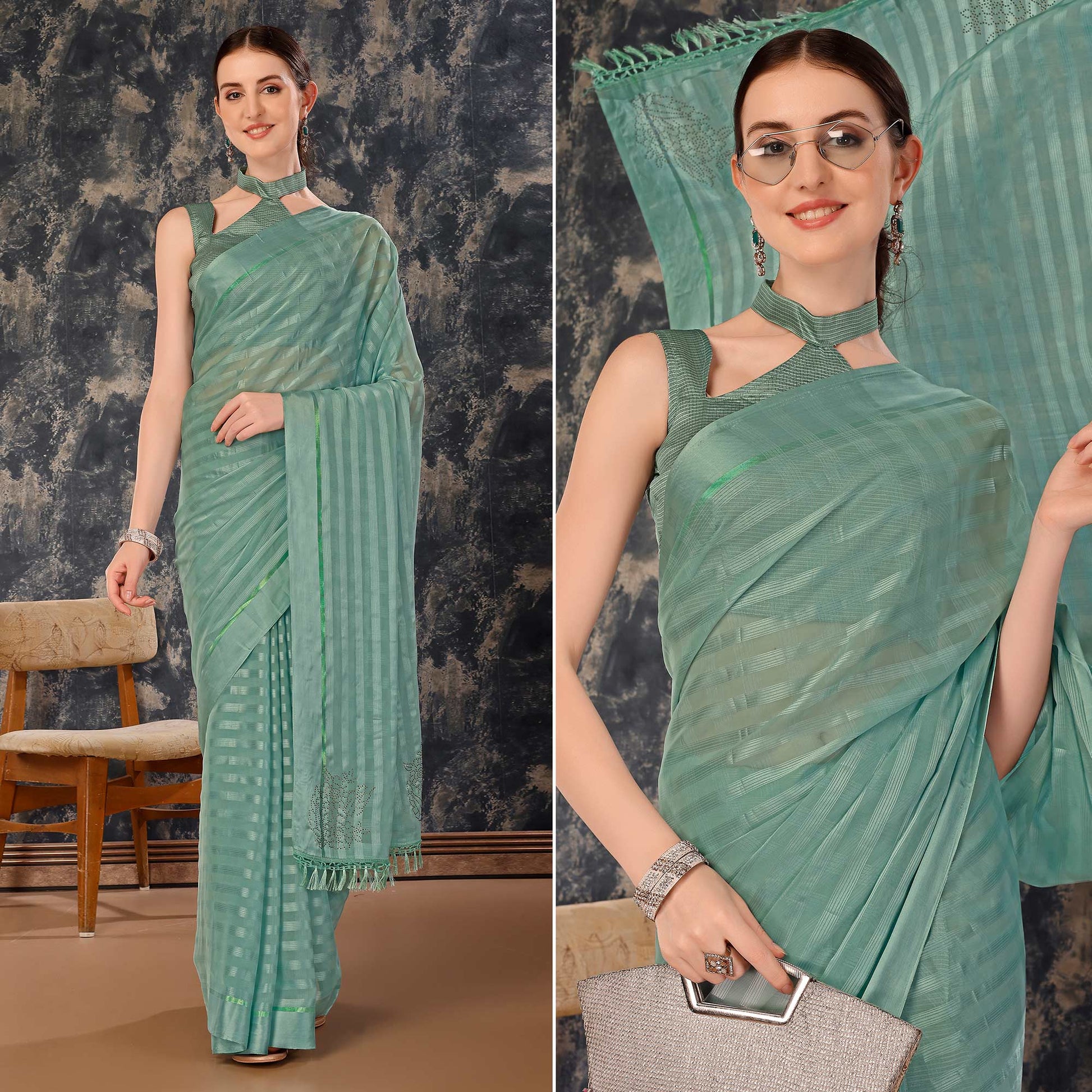 Dusty Green Swarovski Work Chiffon Saree With Tassels