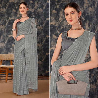Grey Swarovski Work Chiffon Saree With Tassels