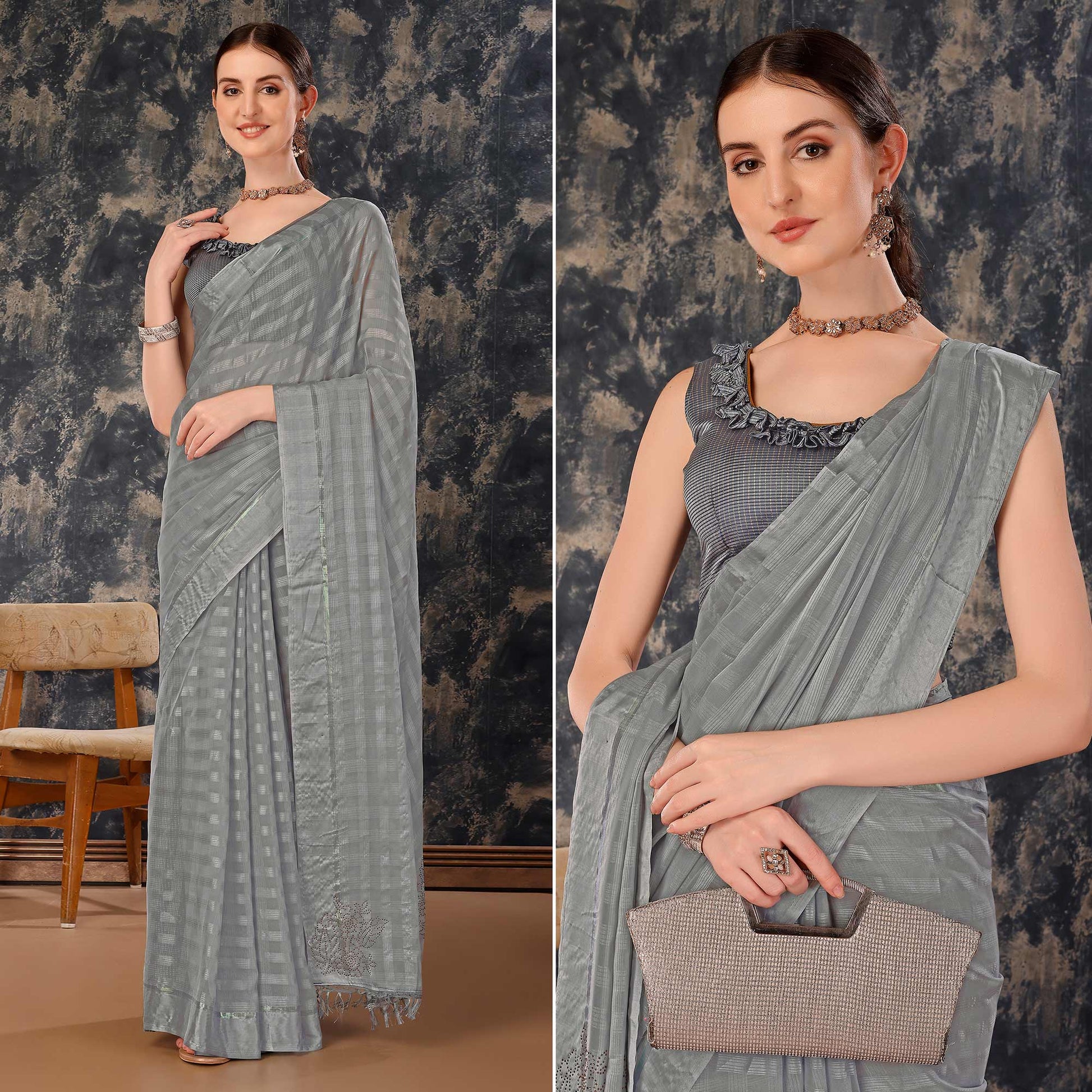 Grey Swarovski Work Chiffon Saree With Tassels