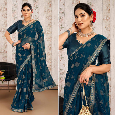 Morpich Floral Foil Printed Chiffon Saree With Lace Border