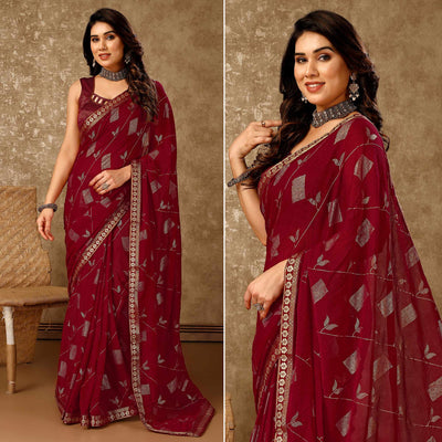 Maroon Floral Foil Printed Chiffon Saree With Lace Border