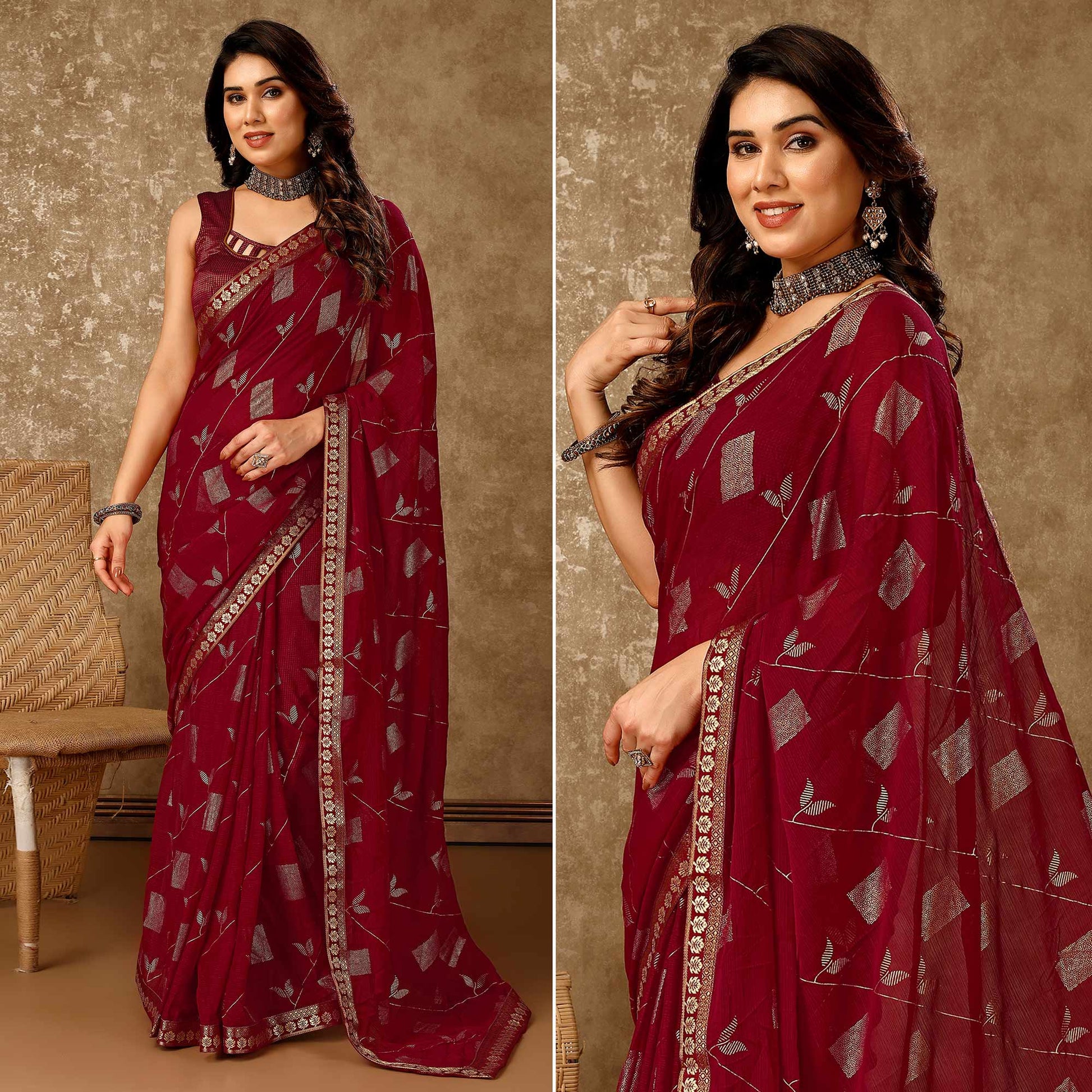 Maroon Floral Foil Printed Chiffon Saree With Lace Border