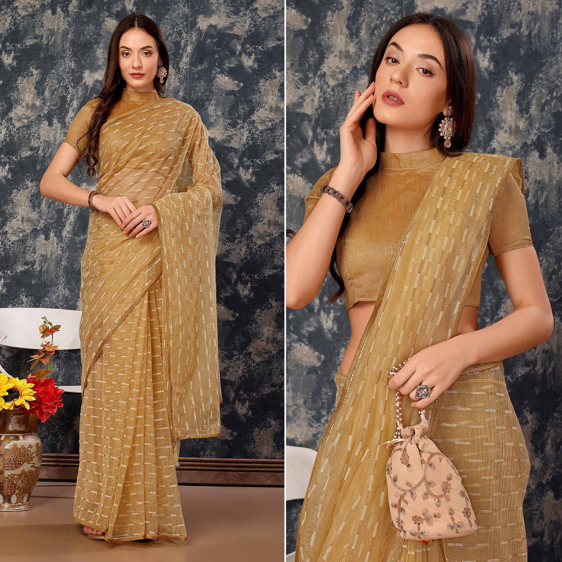 Chikoo Zari Printed Cotton Silk Saree Lace Border