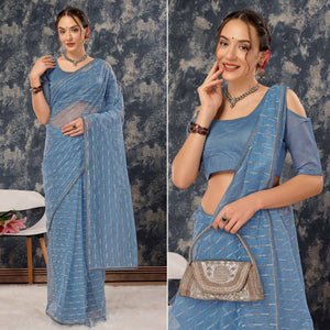 Greyish Blue Zari Printed Cotton Silk Saree Lace Border