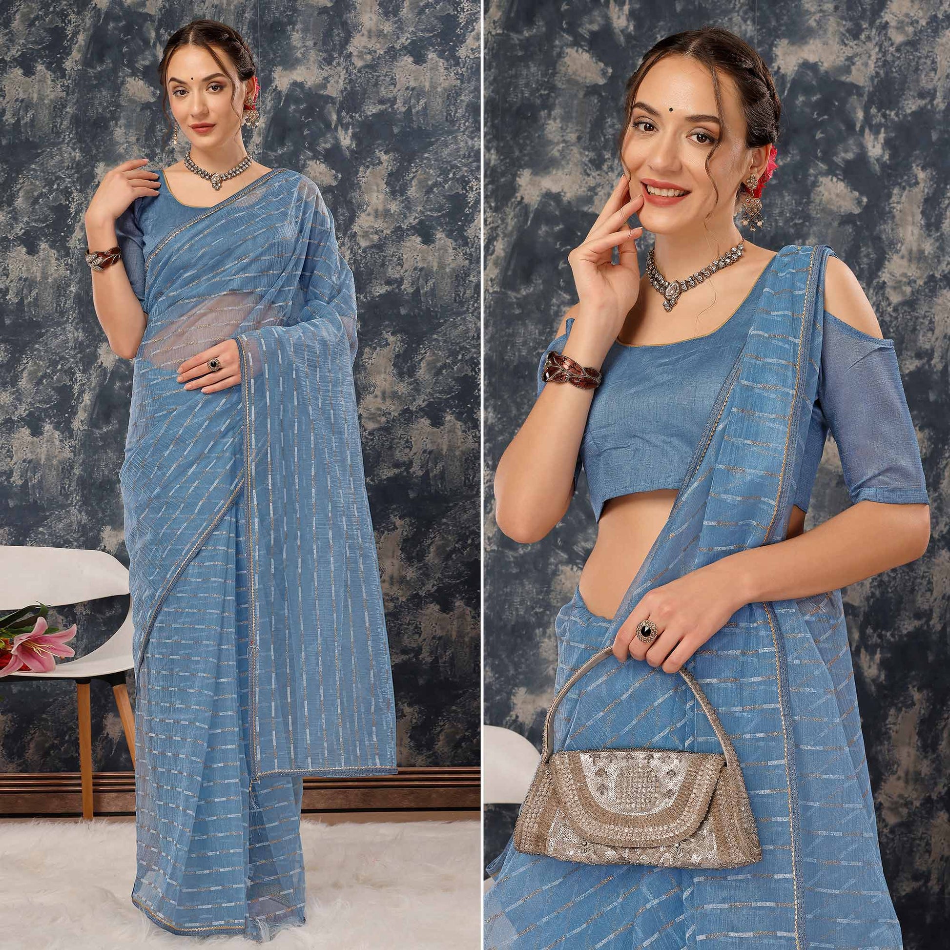 Greyish Blue Zari Printed Cotton Silk Saree Lace Border