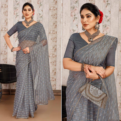 Grey Zari Printed Cotton Silk Saree Lace Border