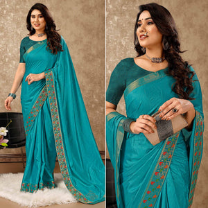 Blue Swarovski Work Vichitra Silk Saree Lace Border