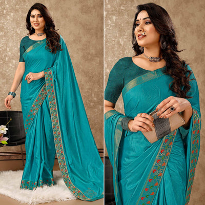 Blue Swarovski Work Vichitra Silk Saree Lace Border