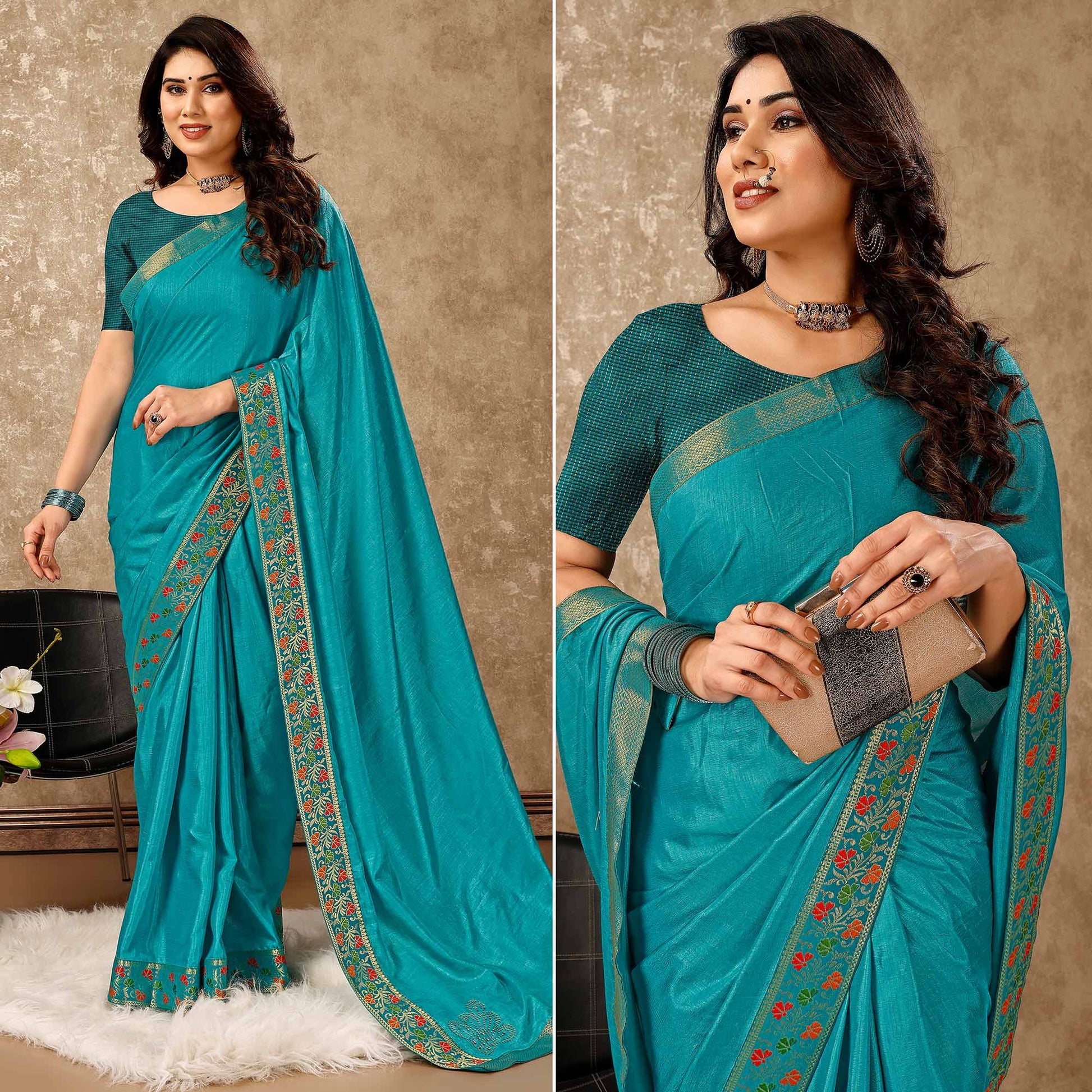 Blue Swarovski Work Vichitra Silk Saree Lace Border