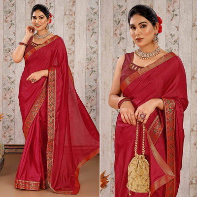 Maroon Swarovski Work Vichitra Silk Saree Lace Border
