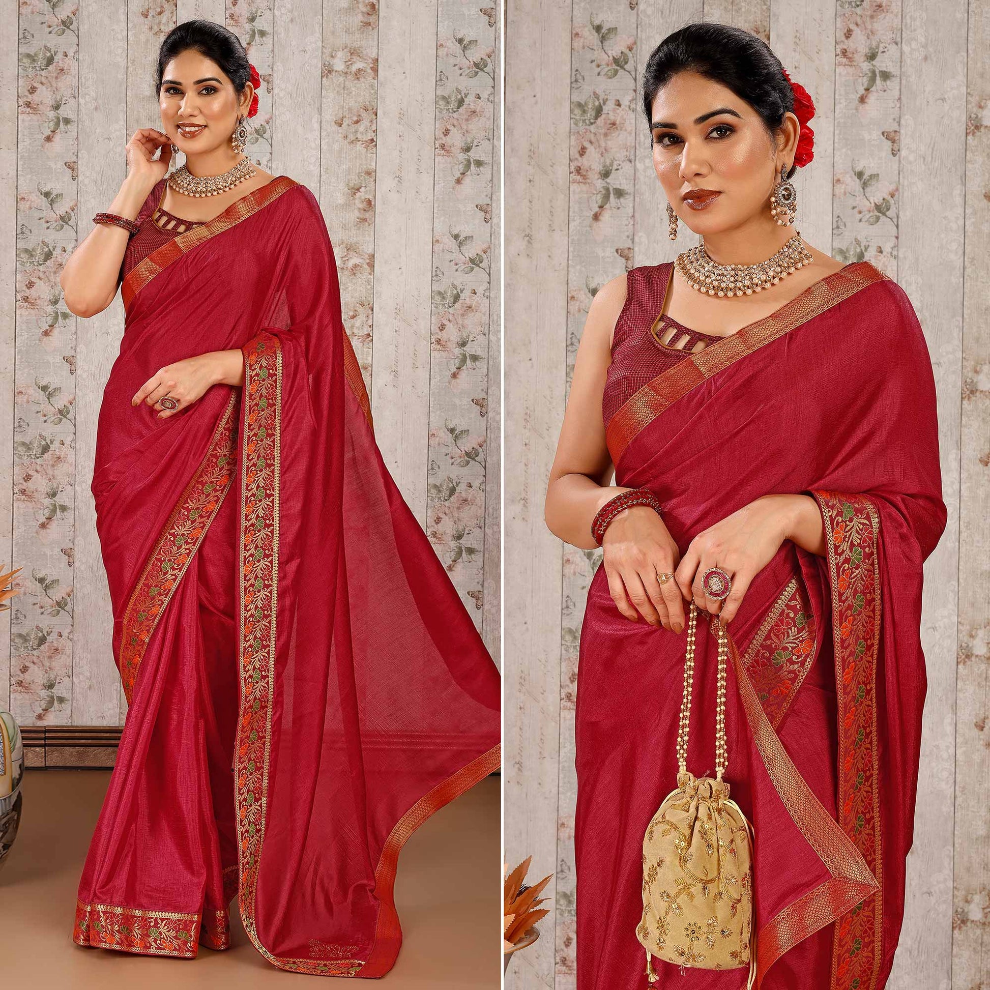 Maroon Swarovski Work Vichitra Silk Saree Lace Border