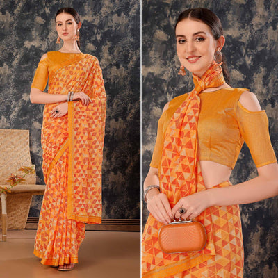 Light Orange Geometric Printed Chiffon Saree With Lace Border