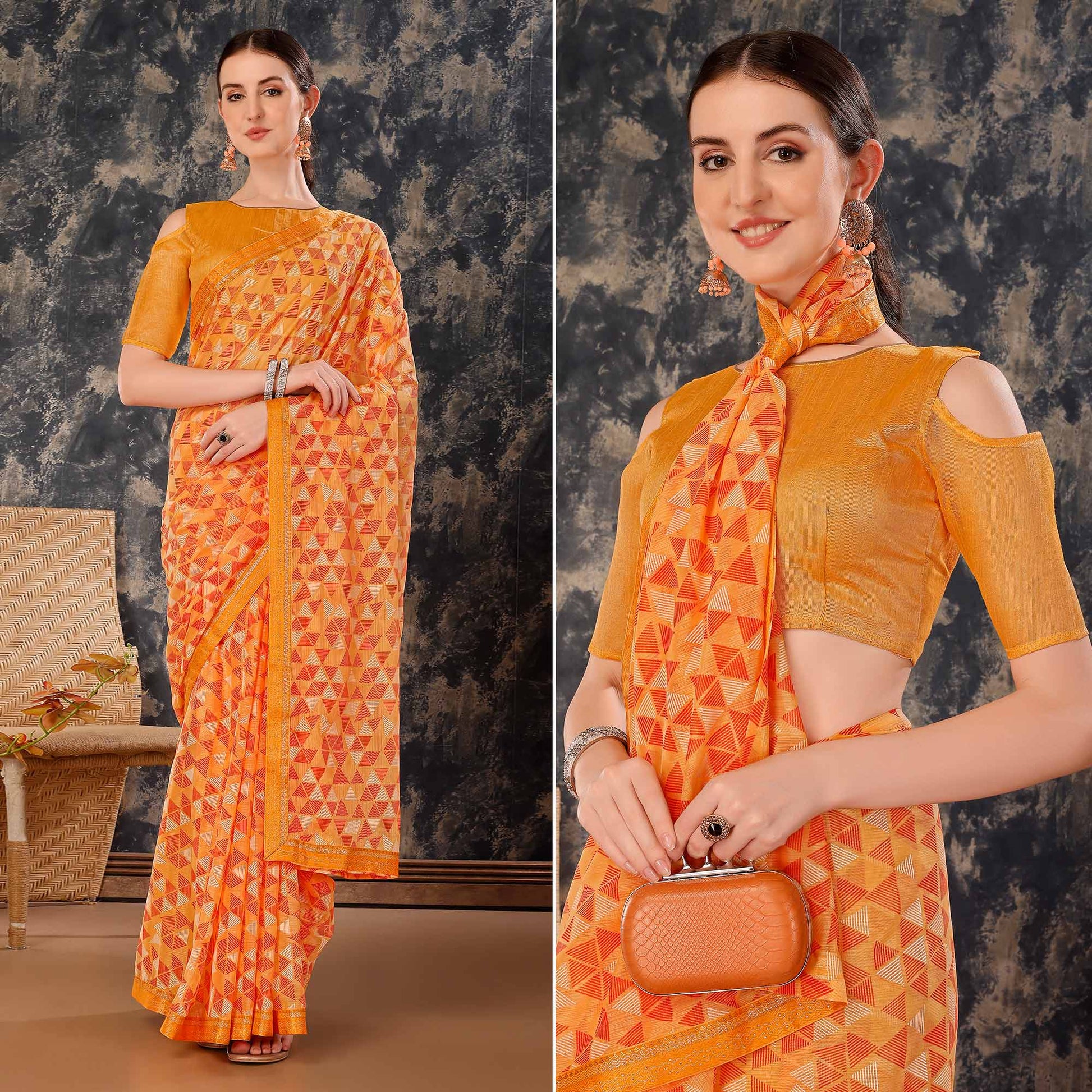 Light Orange Geometric Printed Chiffon Saree With Lace Border