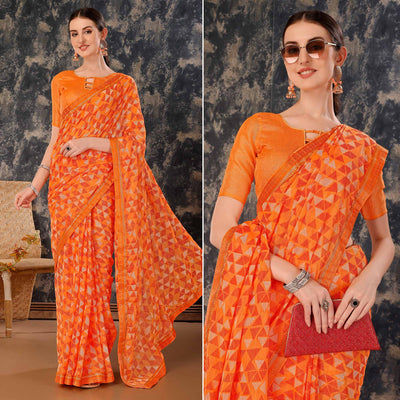 Dark Orange Geometric Printed Chiffon Saree With Lace Border