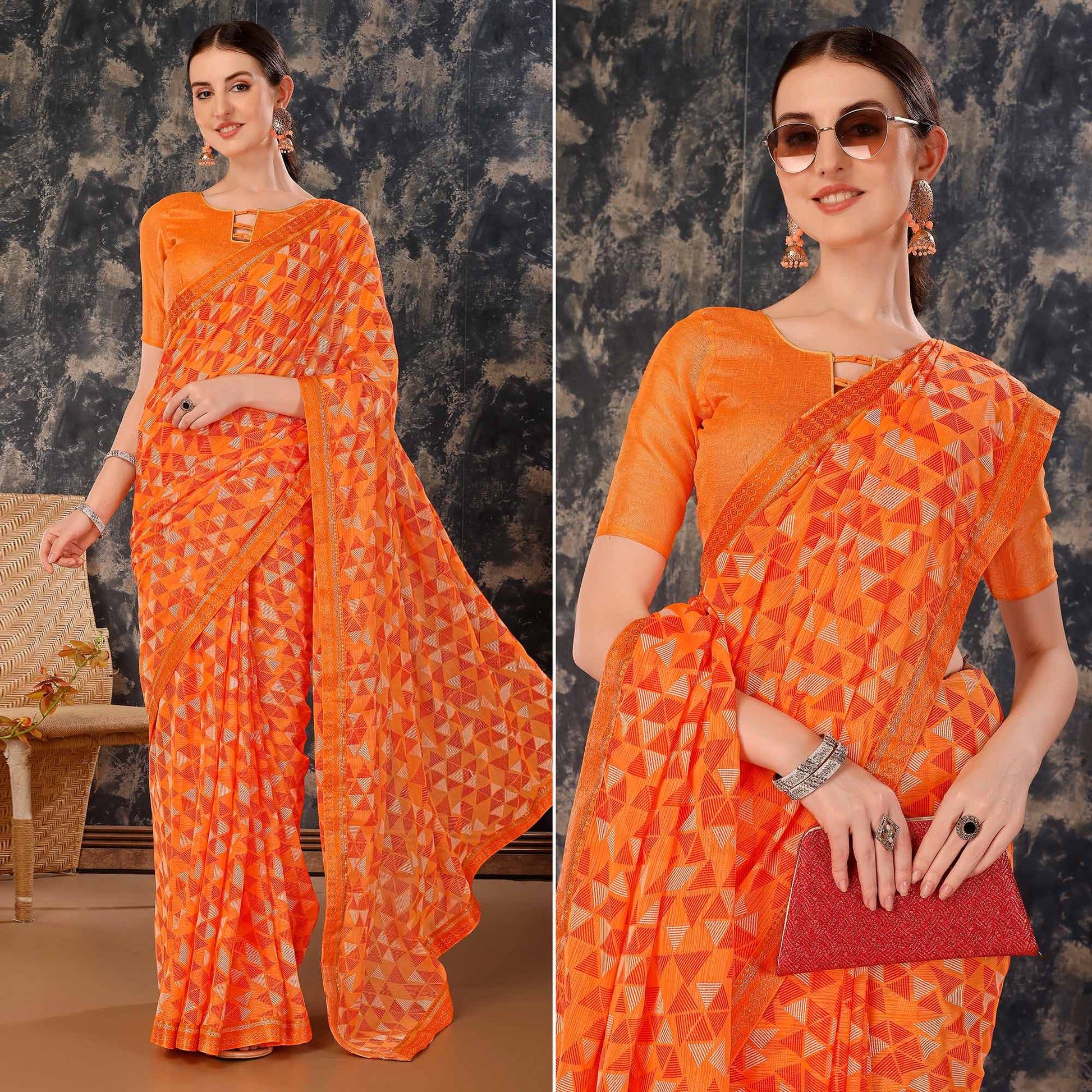 Dark Orange Geometric Printed Chiffon Saree With Lace Border