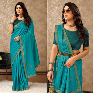 Blue Swarovski Work Vichitra Silk Saree With Lace Border