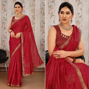Maroon Swarovski Work Vichitra Silk Saree With Lace Border