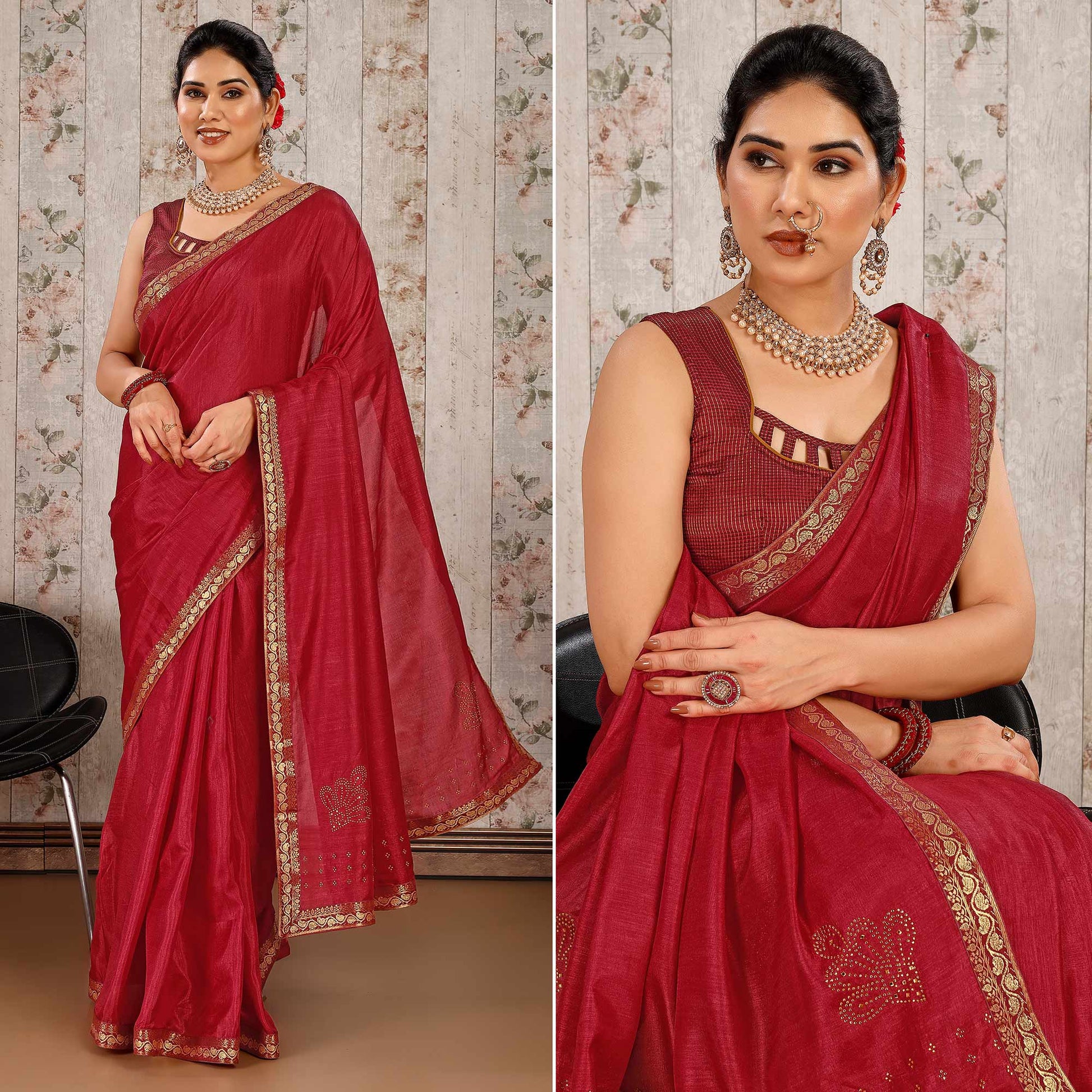 Maroon Swarovski Work Vichitra Silk Saree With Lace Border