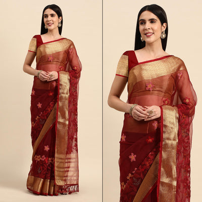 Maroon Floral Embroidered Organza Saree