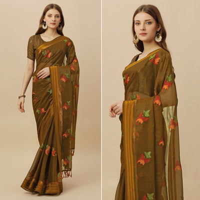 Mehendi Green Floral Embroidered Chiffon Saree With With Tassels