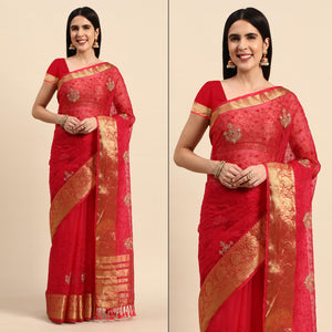 Maroon Floral Embroidered Organza Saree